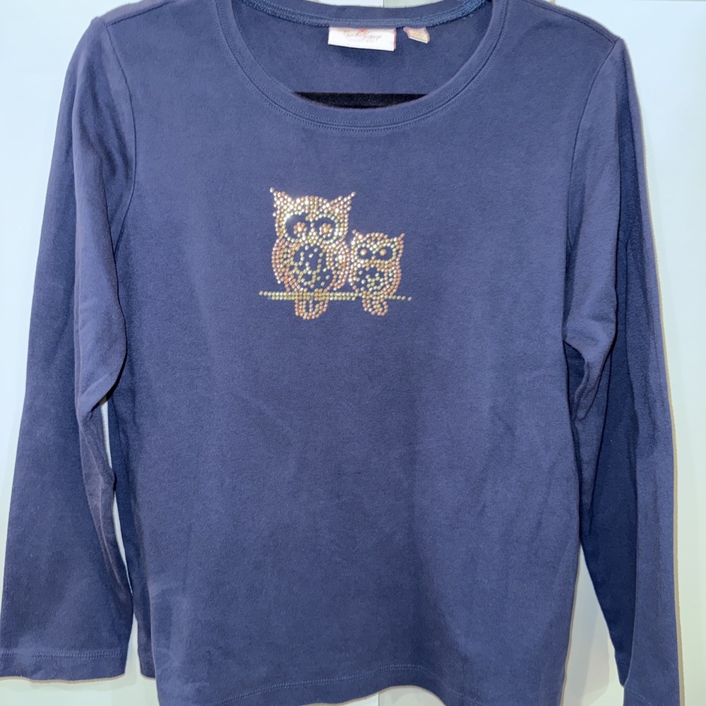 Quacker Factory Navy Top Women's OWL Embellished Rhinestone LS Sz Medium Knit